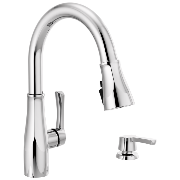 Owendale™ Single Handle Pull-Down Kitchen Faucet With Soap Dispenser And ShieldSpray ® Technology In Chrome MODEL#: 19875Z-SD-DST-main