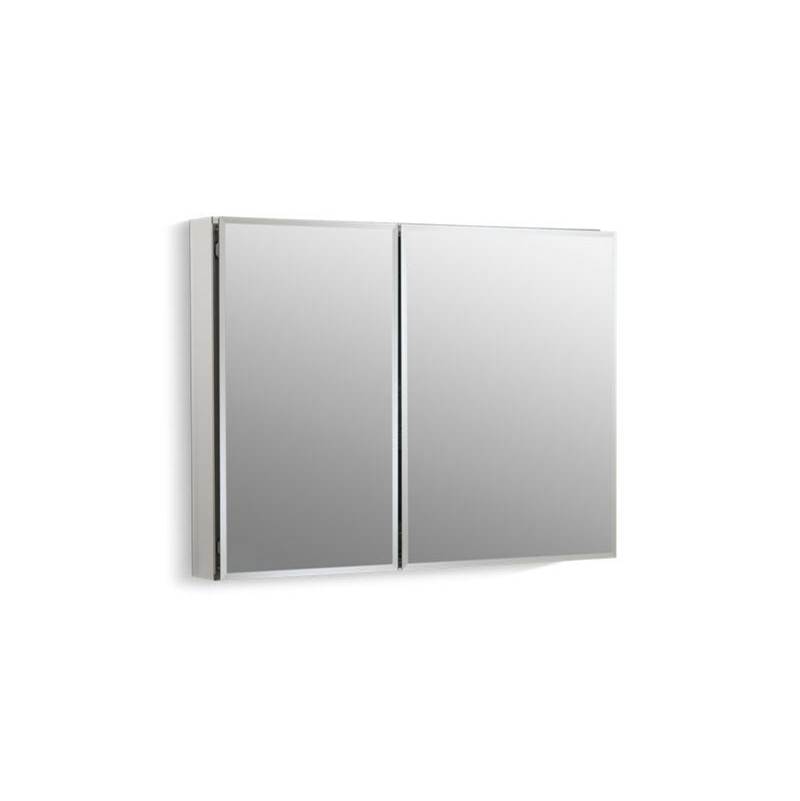 35'' W x 26'' H aluminum two-door medicine cabinet with mirrored doors, beveled e-related