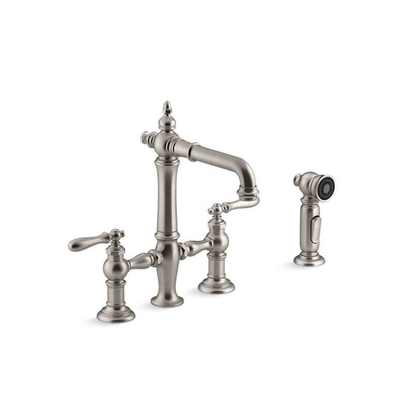 Artifacts® Two-hole bridge bar sink faucet with sidesprayer-related