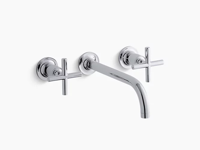 Wall-mount bathroom sink faucet trim with 9", 90-degree angle spout and cross handles, requires valve-related