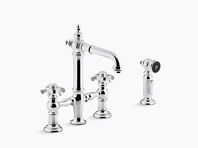 Artifacts®Deck-mount bridge bar sink faucet with prong handles and sidespray K-76520-3M-CP-related