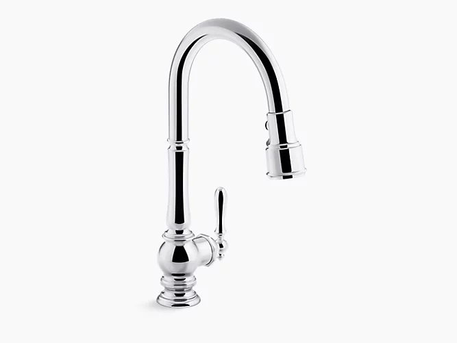 Artifacts®single-hole kitchen sink faucet with 17-5/8" pull-down spout and turned lever handle, DockNetik® magnetic docking system, and 3-function sprayhead featuring Sweep® and BerrySoft® spray K-99259-CP-related