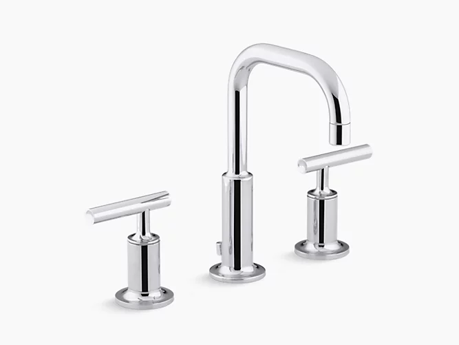 Widespread bathroom sink faucet with low lever handles and low gooseneck spout-related