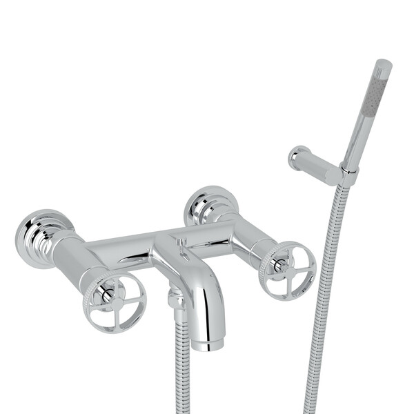 Campo Wall Mount Exposed Tub Filler with Handshower - Polished Chrome with Industrial Metal Wheel Handle | Model Number: A3302IWAPC-product-view