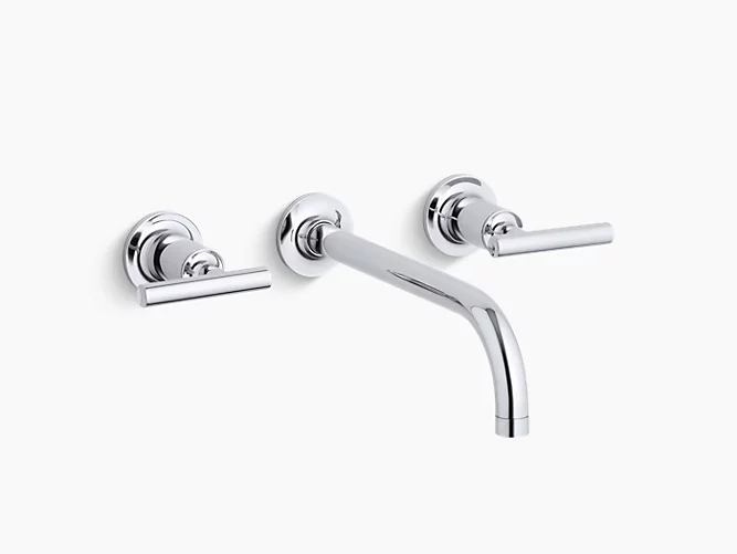 Wall-mount bathroom sink faucet trim with 9", 90-degree angle spout and lever handles, requires valve-related