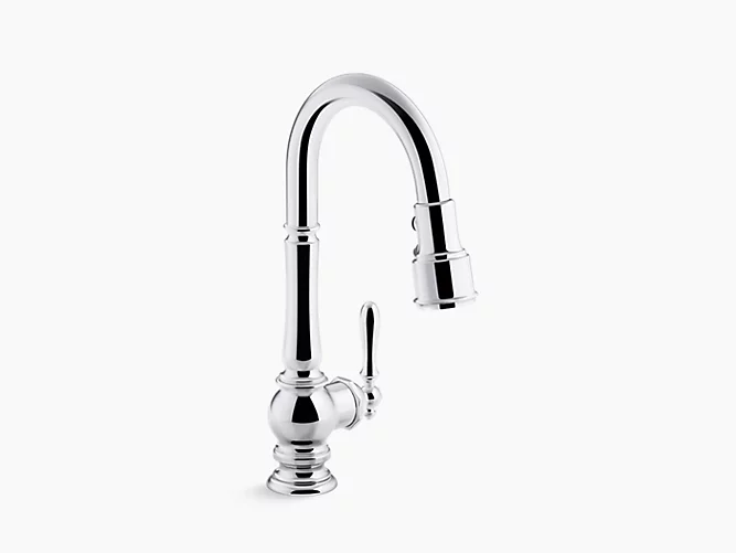 Artifacts®Single-hole kitchen sink faucet with 16" pull-down spout and turned lever handle, DockNetik® magnetic docking system, and 3-function sprayhead featuring Sweep® and BerrySoft® spray K-99261-CP-related