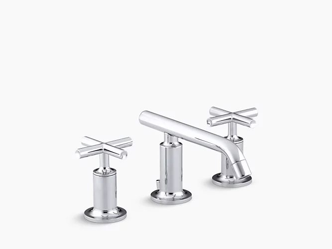 Widespread bathroom sink faucet with low cross handles and low spout-related