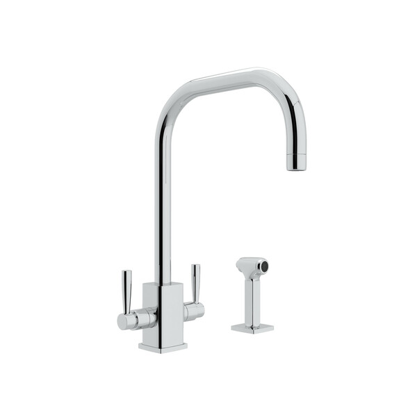 Holborn Single Hole U-Spout Kitchen Faucet with Square Body and Sidespray - Polished Chrome with Metal Lever Handle | Model Number: U.4310LS-APC-2-product-view