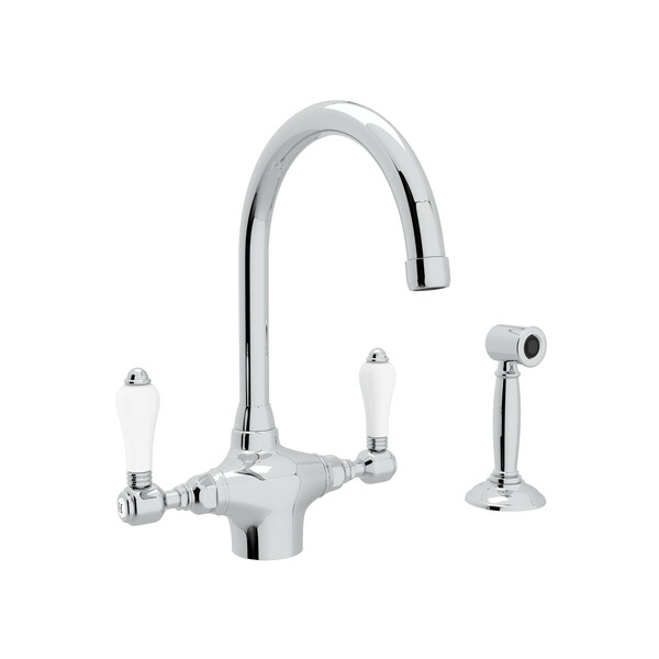 San Julio Single Hole C-Spout Kitchen Faucet with Sidespray - Polished Chrome with White Porcelain Lever Handle | Model Number: A1676LPWSAPC-2-main
