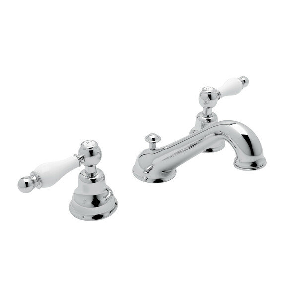 Arcana C-Spout Widespread Bathroom Faucet - Polished Chrome with Ornate White Porcelain Lever Handle | Model Number: AC102OP-APC-2-main
