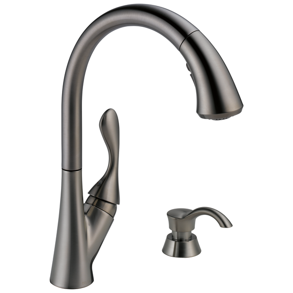 Single Handle Pull-Down Kitchen Faucet With Soap Dispenser And ShieldSpray® Technology In Black Stainless MODEL#: 19922Z-KSSD-DST-view