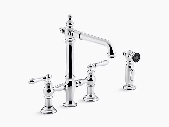 Artifacts®deck-mount bridge kitchen sink faucet with lever handles and sidespray K-76519-4-CP-product-view