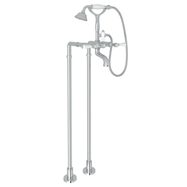 Exposed Floor Mount Tub Filler with Handshower and Floor Pillar Legs or Supply Unions - Polished Chrome with White Porcelain Lever Handle | Model Number: AKIT1401NLPAPC-related