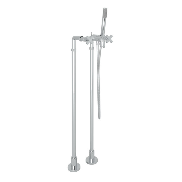 Lombardia Exposed Floor Mount Tub Filler with Handshower and Floor Pillar Legs or Supply Unions - Polished Chrome with Cross Handle | Model Number: AKIT2202NXMAPC-related