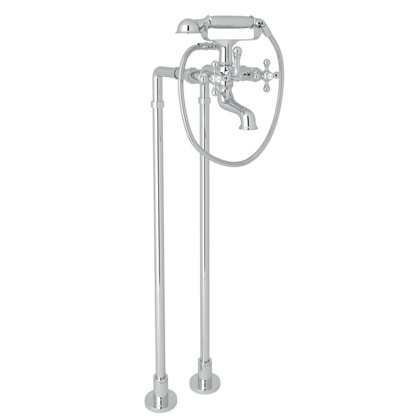 Arcana Exposed Floor Mount Tub Filler with Handshower and Floor Pillar Legs or Supply Unions - Polished Chrome with Cross Handle | Model Number: ACKIT7383NX-APC-product-view