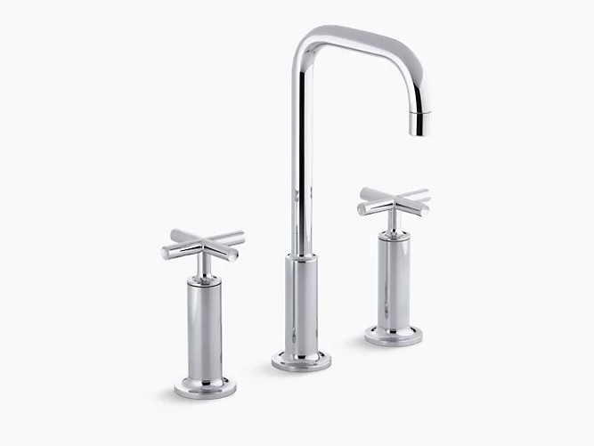 Widespread bathroom sink faucet with high cross handles and high gooseneck spout-related