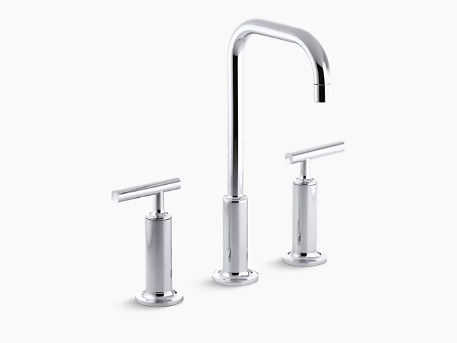 Widespread bathroom sink faucet with high lever handles and high gooseneck spout-related