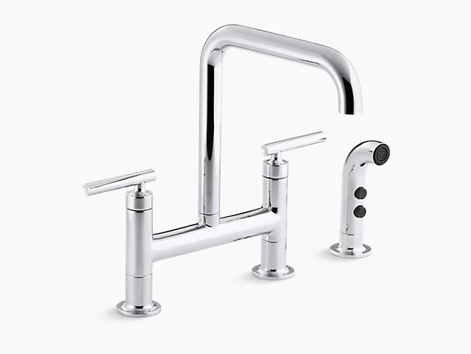 Purist®two-hole deck-mount bridge kitchen sink faucet with 8-3/8" spout and matching finish sidespray K-7548-4-CP-related