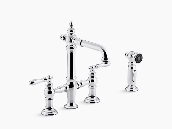 Artifacts®Deck-mount bridge bar sink faucet with lever handles and sidespray K-76520-4-CP-related